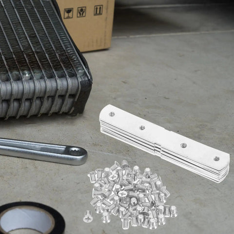 Heavy Duty Stainless Steel Corner Brackets Kit 10 Pack Flat Metal Plates With Screws and tools on workshop floor