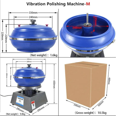 Heavy Duty Vibrating Polisher Kit With Electric Polisher And Rock Tumbler Drum, 6.2L Capacity, shown with dimensions and packaging