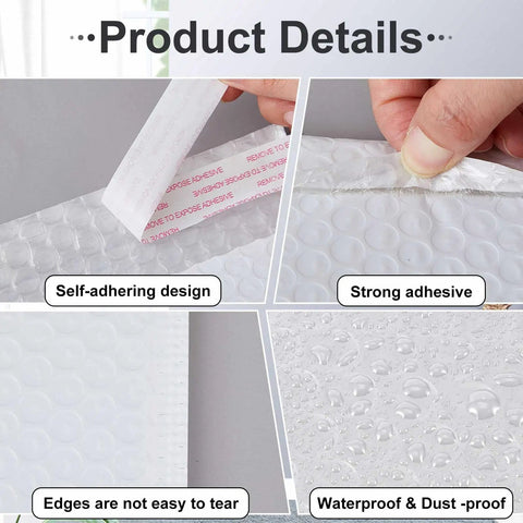 100 Pcs Bubble Mailers Set Four Sizes Self Adhesive Waterproof Padded Envelopes For Safe Shipping showing adhesive and waterproof features