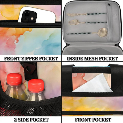 Insulated Picnic Backpack Lunch Bag for Women and Men showing front zipper pocket, inside mesh pocket, and side bottle pocket.