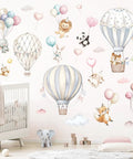 Cartoon Hot Air Balloons Wall Stickers For Kids Room And Living Room Self Adhesive Non Toxic Decor Featuring Cute Animals Lamb Panda Rabbit Lion Fox Hedgehog Clouds Hearts And Colorful Balloons Kid Friendly Easy To Apply on nursery wall with crib.