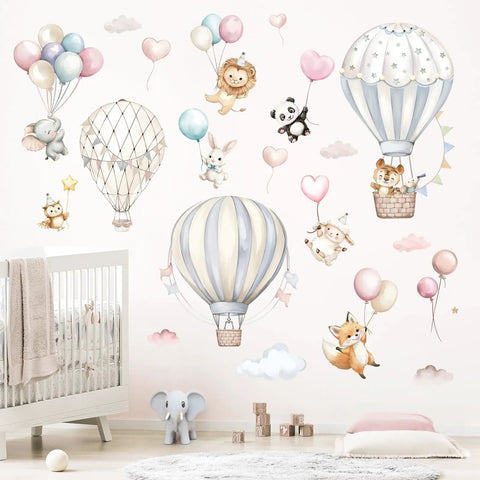 Cartoon Hot Air Balloons Wall Stickers For Kids Room And Living Room Self Adhesive Non Toxic Decor Featuring Cute Animals Lamb Panda Rabbit Lion Fox Hedgehog Clouds Hearts And Colorful Balloons Kid Friendly Easy To Apply on nursery wall with crib.