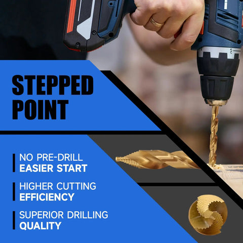 29 Piece Pro Grade HSS Stepped Point Drill Bit Set With Titanium Coating One Sixteenth To One Half Inch in drill