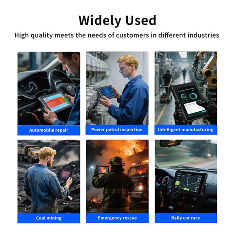 Rock Solid 10.1 Inch Rugged Tablet With 2D Barcode Scanner And Windows 11 Pro used for automobile repair and power patrol inspection.