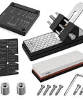 Dead On Edge Precision Chisel Sharpening Jig Kit with stones and tools for accurate sharpening and bevel measurement.