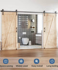 Double Door Sliding Barn Door Hardware Track Kit With Wall Mount And Industrial Spoke Wheel Black Finish, installed view