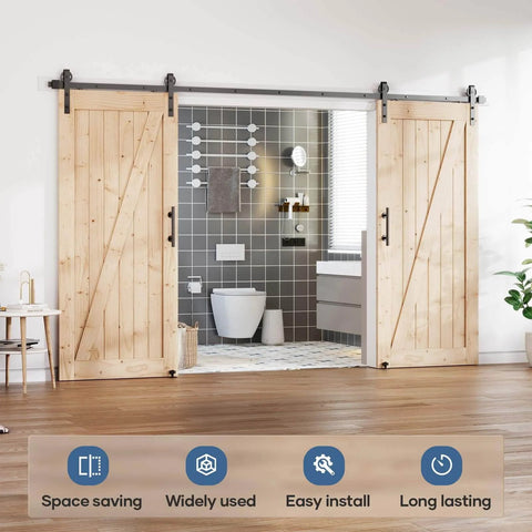 Double Door Sliding Barn Door Hardware Track Kit With Wall Mount And Industrial Spoke Wheel Black Finish, installed view