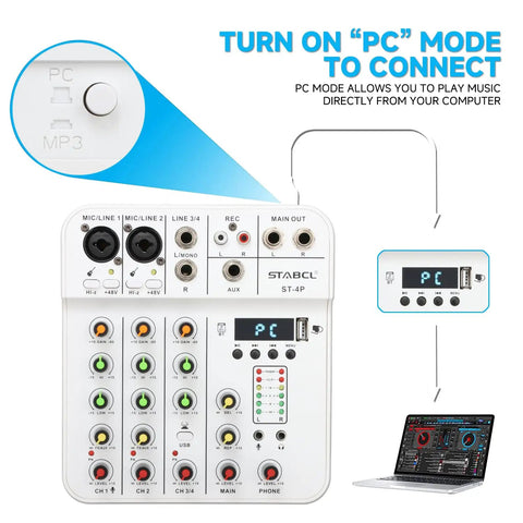 Diagram showing 4 Channel Mini Audio Mixer With USB Bluetooth And 48V Phantom Power Reverb Dope Compact Soundboard connected to PC