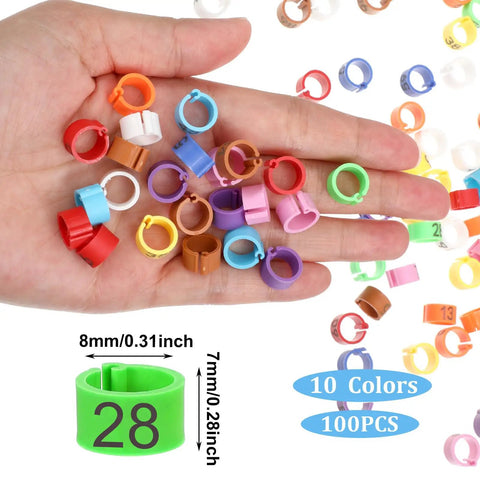 Hand holding 100 Pcs 8mm Birds Leg Rings Set With 10 Colors And Readable Numbers 0 To 100 Easy Clip On Identification Bands