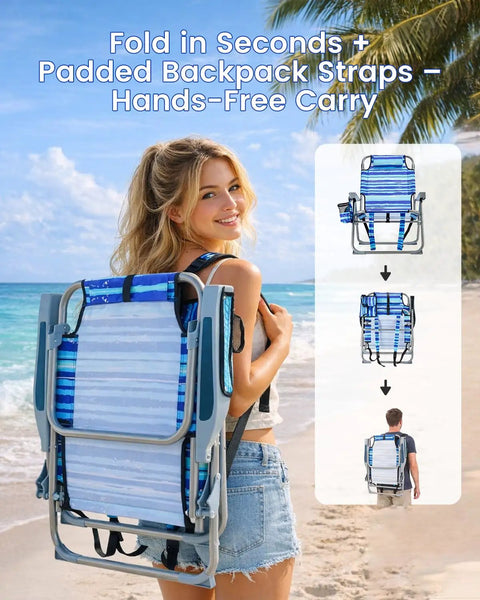 Woman carrying Two-Pack Backpack Beach Chairs with Cup Holder and Towel Bars, Ocean Blue, at beach.