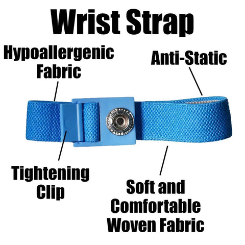 Anti Static ESD Wrist Strap Kit With Blue Fabric Wrist Band shown with tightening clip and hypoallergenic fabric
