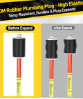 EPDM rubber plumbing plug before and after expansion, part of All Purpose Plumbing Repair Kit 6 Piece Set With Half To Two Inch Pipe Stoppers.