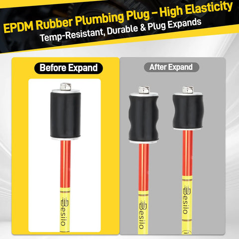 EPDM rubber plumbing plug before and after expansion, part of All Purpose Plumbing Repair Kit 6 Piece Set With Half To Two Inch Pipe Stoppers.
