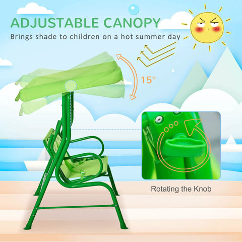 Side view of Two Seat Kids Patio Swing With Adjustable Canopy And Safety Belt Frog Pattern Hanging Swing Bench For Garden Or Backyard Green Outdoor Fun For Lil Ones