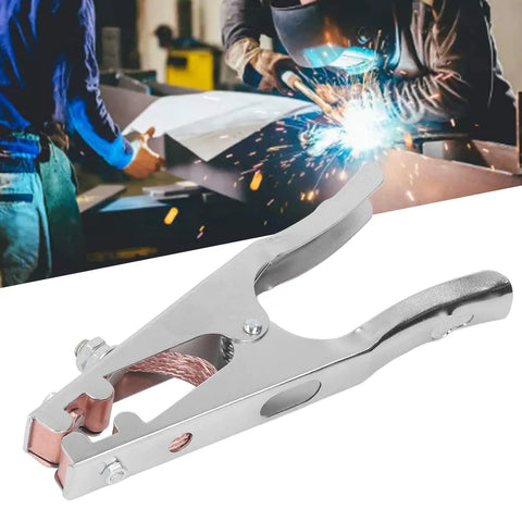 Heavy Duty 800A Earth Ground Clamp For Arc Welder With Copper Clip And Electroplating Finish To Boost Conductivity During Manual Stick Welding Jobs, showing silver clamp with copper clip.