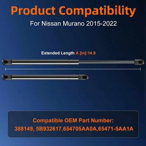 Two Pack Front Hood Lift Supports For Nissan Murano 2015 2022 Easy Open Hood Shocks Replacement shown with length and compatibility