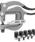 Deep Throat Sheet Metal Rivet Hole Punch Kit with six die sizes and portable hand tool for quick, durable sheet metal projects.