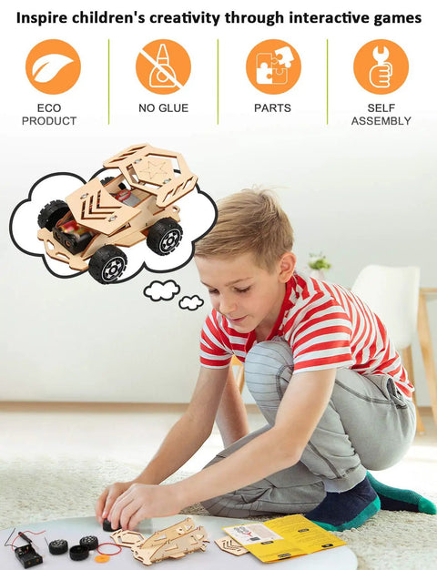 Boy assembling a model car from the 5 In 1 STEM Kit For Kids Ages 8 To 12 Build Five Model Cars Wooden 3D Puzzles Hands On Science Toys