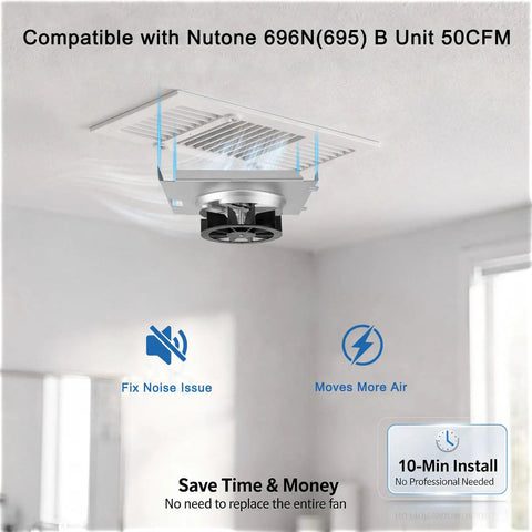 Upgrade Pure Copper Motor B Unit 50CFM Bathroom Exhaust Fan Replacement installed in ceiling showing airflow and features