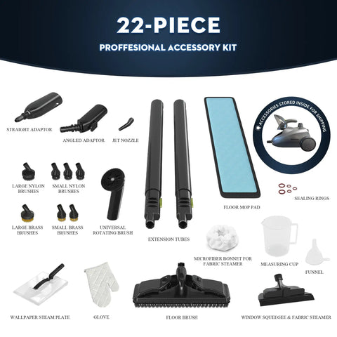 22-piece professional accessory kit for Heavy Duty Steam Cleaner For Home 1500W with various specialized cleaning tools.