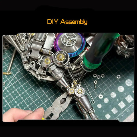 Close-up of assembly in Steampunk Mechanical Horse Puzzle Kit With Movable Joints, 1500 Plus Stainless Steel Parts, 3D Metal Animal Model