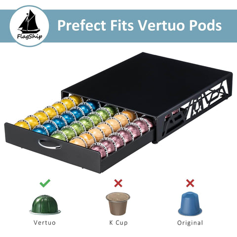 Modern Black Metal Vertuo Pod Storage Drawer For Coffee Machines Space Saving Capsule Organizer That Holds 50 Vertuo Pods.