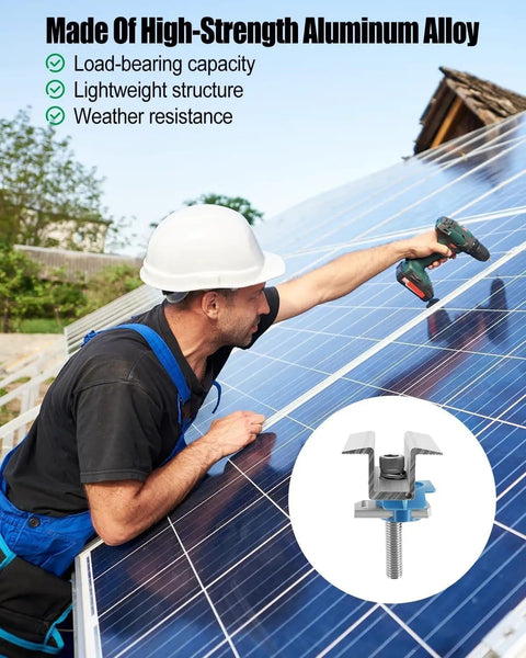 Worker installing 20 Pack Solar Panel Clamps For Unistrut Rails And Wide PV Mounts, Mid Mount Bracket on solar panels.
