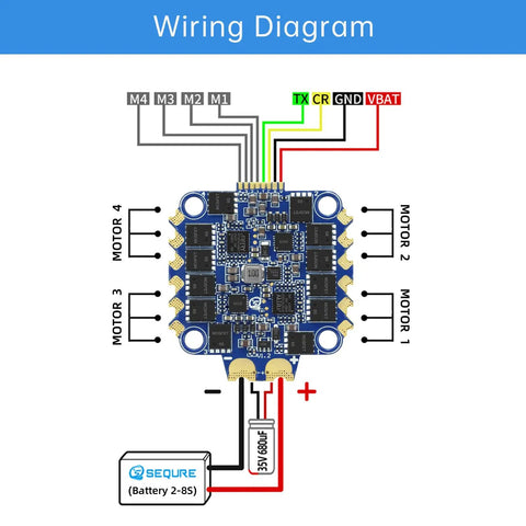 Wiring diagram for 65A 4in1 ESC For FPV Drones 2to6S 30.5x30.5mm Size With AT32F421 32Bit Processor 8KHz 96KHz PWM