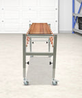 Heavy Duty Adjustable Conveyor Roller Stand Expandable From 18 To 51 Inches For Table Saw Outfeed Support iron frame with wooden top.