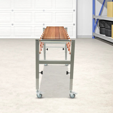 Heavy Duty Adjustable Conveyor Roller Stand Expandable From 18 To 51 Inches For Table Saw Outfeed Support iron frame with wooden top.