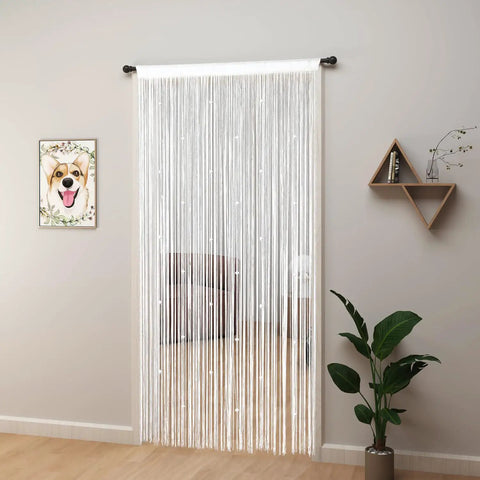 Beaded Curtain For Doorways With Crystal Beads 39 By 79 Inches White Room Divider Curtain hanging in a doorway.