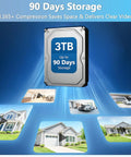Outdoor Wireless Security Camera System With 90 Day Storage 3TB drive showcasing H.265+ compression and home monitoring images