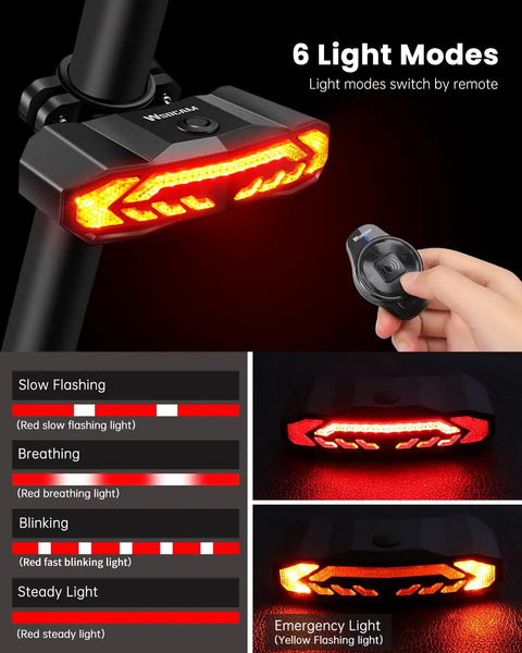 Wireless Remote Bike Light Set With Front Headlight And Rear Taillight, 6 light modes with remote control in use
