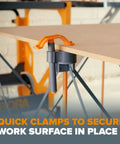 Centipede Panel Cutting Accessory Kit Fits All Centipede Work Stands With 4 X Cups 4 Quick Clamps 6 Non Slips And 2 Hooks Turns Any Portable Table Into A Pro Cutting Station For Sawhorse And Folding Table Applications, shown with quick clamps securing work surface.
