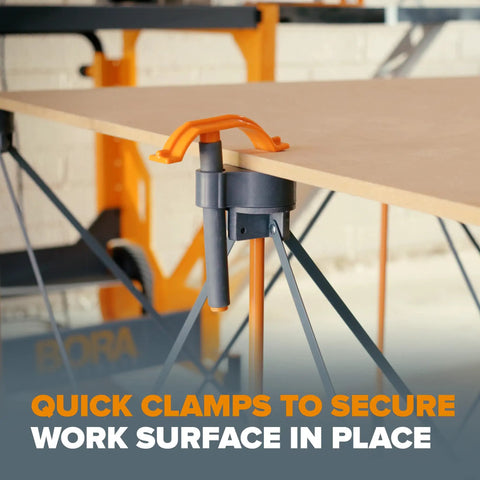 Centipede Panel Cutting Accessory Kit Fits All Centipede Work Stands With 4 X Cups 4 Quick Clamps 6 Non Slips And 2 Hooks Turns Any Portable Table Into A Pro Cutting Station For Sawhorse And Folding Table Applications, shown with quick clamps securing work surface.