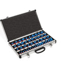 Top Shelf 50 Piece Router Bit Set With 1/4 Inch Shank And Heavy Duty Tungsten Carbide Tips For Clean Woodworking Cuts in metal case.