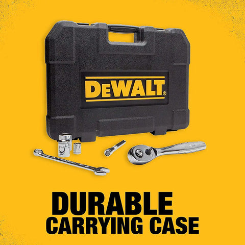 Three-Eighths Inch Drive Socket Set, 34-Piece, 6-Point SAE and Metric with carrying case and 72-Tooth Ratchet displayed