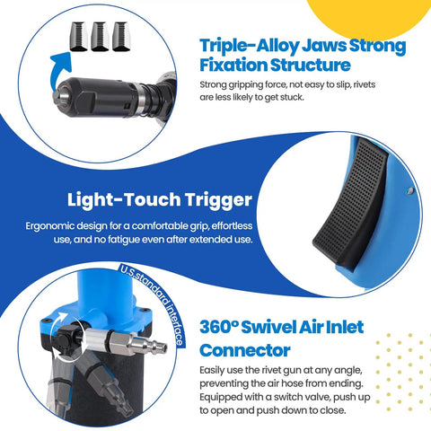 Professional Pneumatic Rivet Gun Equipped With Multi Size Nozzle Set Designed For Aluminum Steel And Stainless Steel Fabrication Tasks showcasing triple-alloy jaws and light-touch trigger.