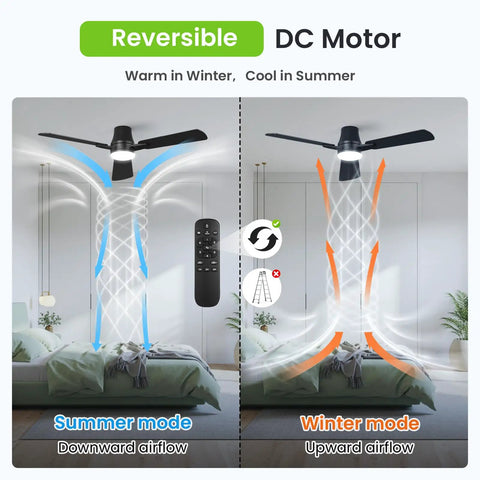 42 Inch Ceiling Fan With Bright Light And Wireless Remote Boasting Ultra Fast No Sweat Setup With Secure Snap Blades For Straightforward Installation In Living Areas Or Bedrooms Delivering Steady Cool Breezes All Day Long showing summer and winter airflow modes.