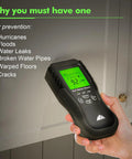 Hand holding Digital Wood Moisture Meter With Pin Pro Sensor for firewood, lumber, concrete, and drywall detection.