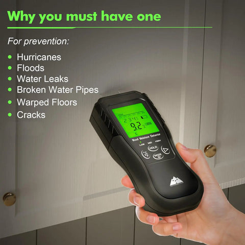 Hand holding Digital Wood Moisture Meter With Pin Pro Sensor for firewood, lumber, concrete, and drywall detection.