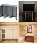 Various cabinets and furniture setups showcasing potential use for Customizable Torque Cabinet Hinge Set For DIY Furniture And Cabinets 43x36mm Plastic Countersunk Hinges With Adjustable Position Control And Black Finish 4 Pack Uxcell.