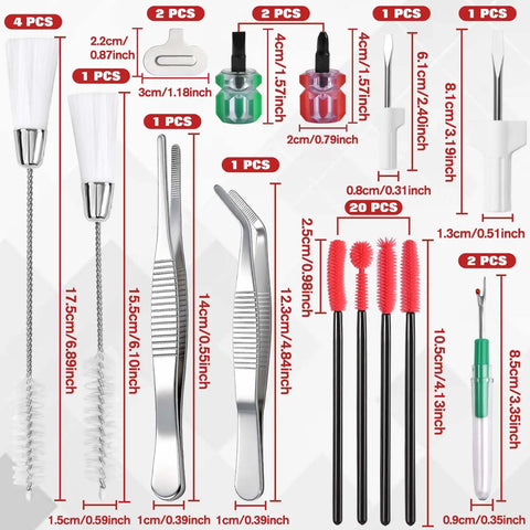 All In One Sewing Machine Cleaning Kit With 35 Pieces Including Silicone Bristle Brushes In Tower Sphere Knife And Pineapple Shapes Plus Seam Rippers Slotted And Phillips Screwdrivers Bent And Straight Tweezers Lint Brush For DIYers showing contents