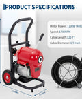 Heavy Duty Electric Drain Cleaner And Manual Feed Sewer Snake Auger with 1100W motor and 120 ft steel cable specifications.