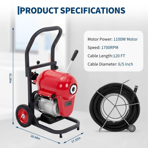 Pick Up This Commercial Grade Electric Drain Cleaner Machine Featuring A Muscular 1100 Watt Motor Paired With A Rugged 120 Foot Steel Cable.
