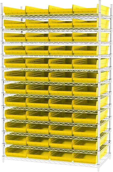 Plastic Nesting Shelf Bins Set 24 Inch By 11 Inch By 4 Inch Yellow 6 Pack Tough Storage Boxes organized on metal shelving unit