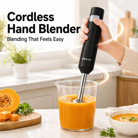 Game Changing Cordless Stick Blender With 12V Brushless Motor And Pressure Sensitive Variable Speed For No Sweat Kitchen Prep And Super Smooth Purees Easy Clean Black mixing soup in glass container.