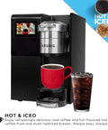 Office Boss Level Single Serve Coffee Maker With Plumbed Water Line displayed with a hot coffee mug and iced coffee in glass