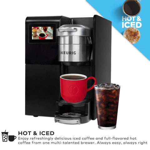 Office Boss Level Single Serve Coffee Maker With Plumbed Water Line displayed with a hot coffee mug and iced coffee in glass