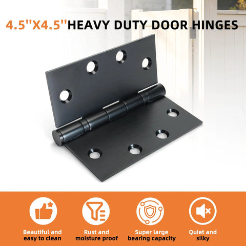 6-Pack Heavy Duty Black Commercial Door Hinges 4.5 By 4.5 Inches Thickened, 304 Stainless Steel With Electroplated Black Finish, Square Corner, Standard Hole Pattern, Built For High Traffic Doors, Durable Professional Grade Hardware. Black 4.5x4.5 in hinge